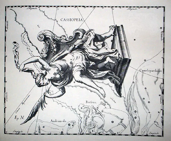 Hevelius's 1690 star map of Cassiopeia, drawn head down below her tipped chair in mirror view
