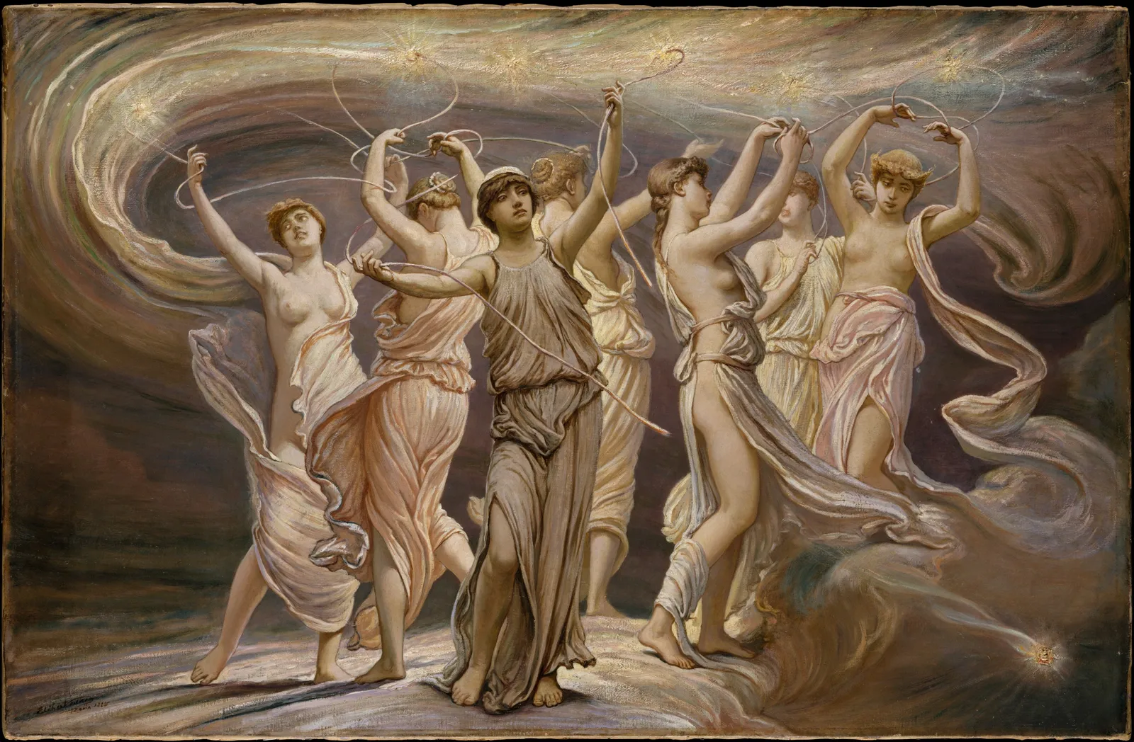 Vedder's 1885 painting of the Pleiades as seven dancing women holding cords that loop up toward small stars