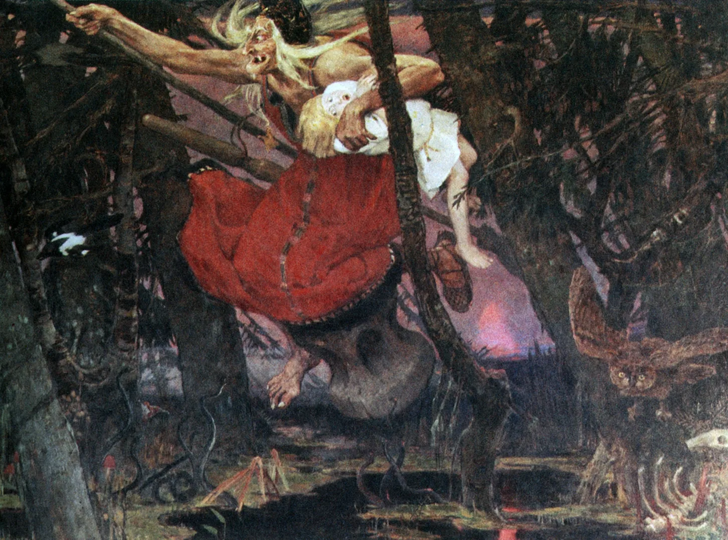 Vasnetsov's 1917 painting of Baba Yaga flying through a dark forest in a mortar, clutching a fair-haired boy