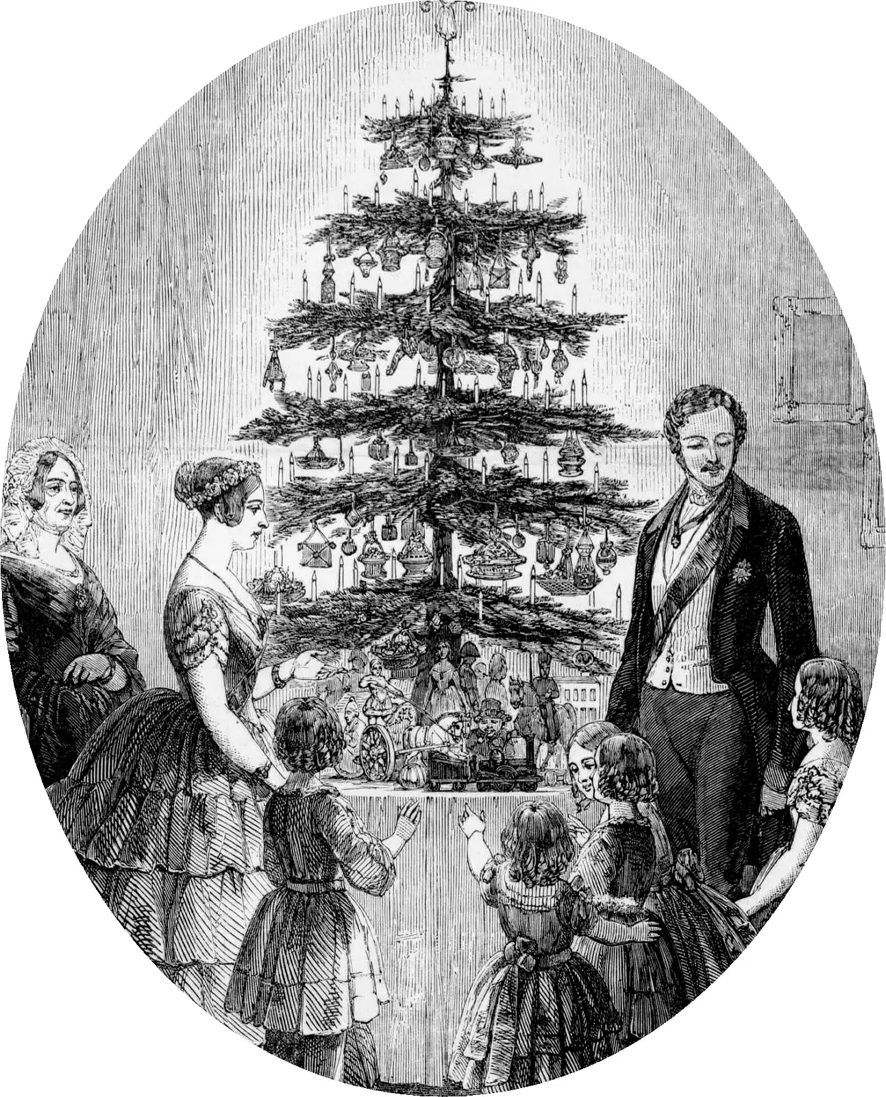 Christmas tree at Windsor Castle, 1848: Queen Victoria, Prince Albert and their children around a candle-lit fir