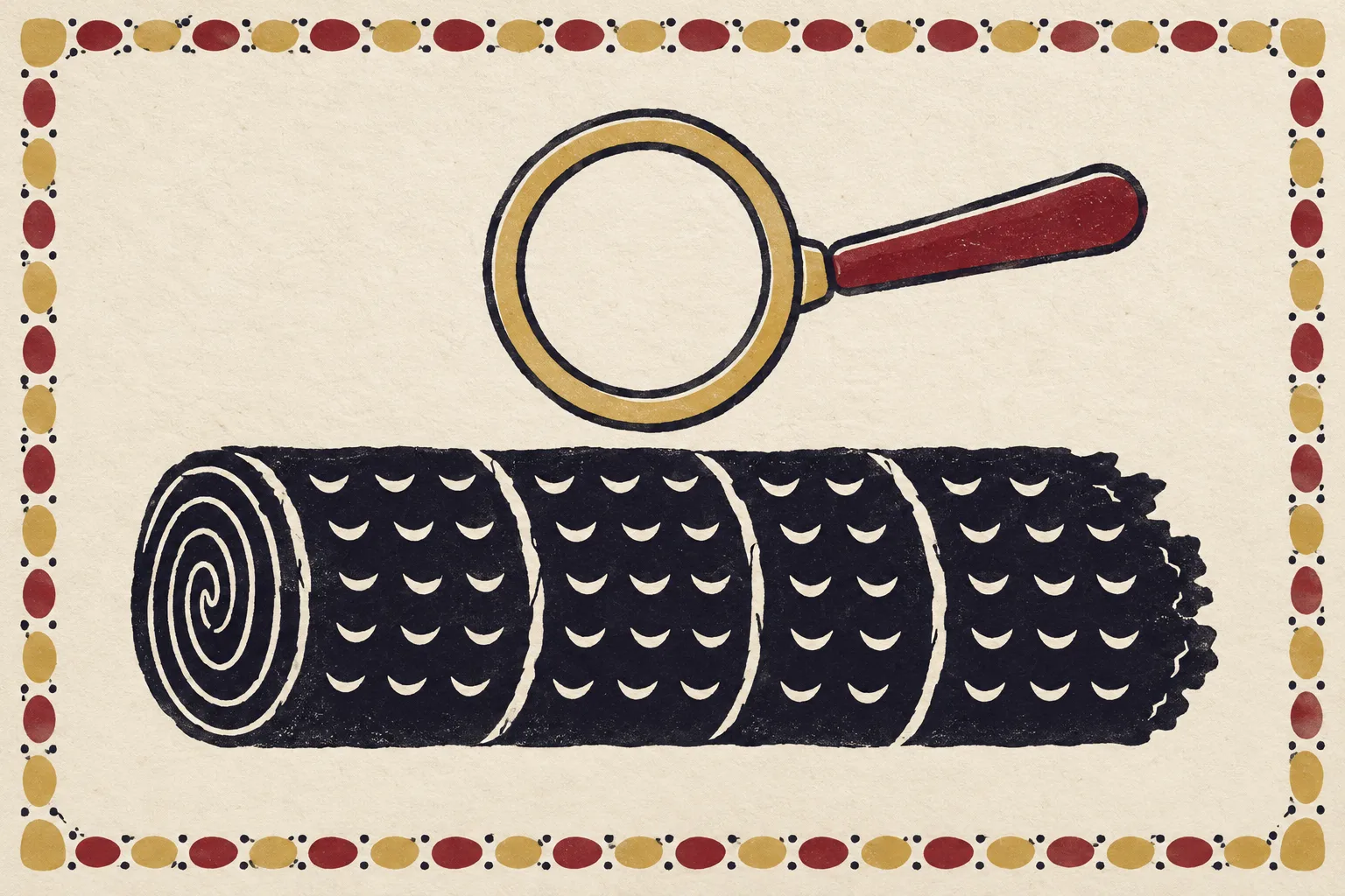A charred papyrus roll, black as the Herculaneum scrolls found in 1752, under a magnifying glass (stylized illustration)