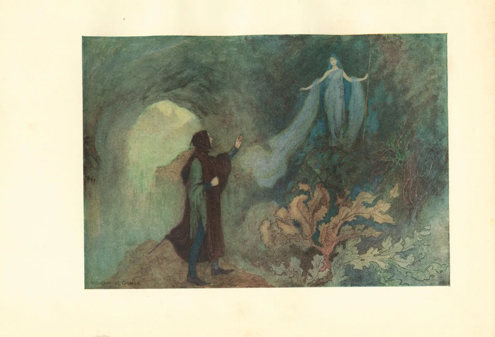 Warwick Goble's 1911 Cenerentola plate: a cloaked man meets a fairy at a grotto, a scene from Basile's Cinderella tale