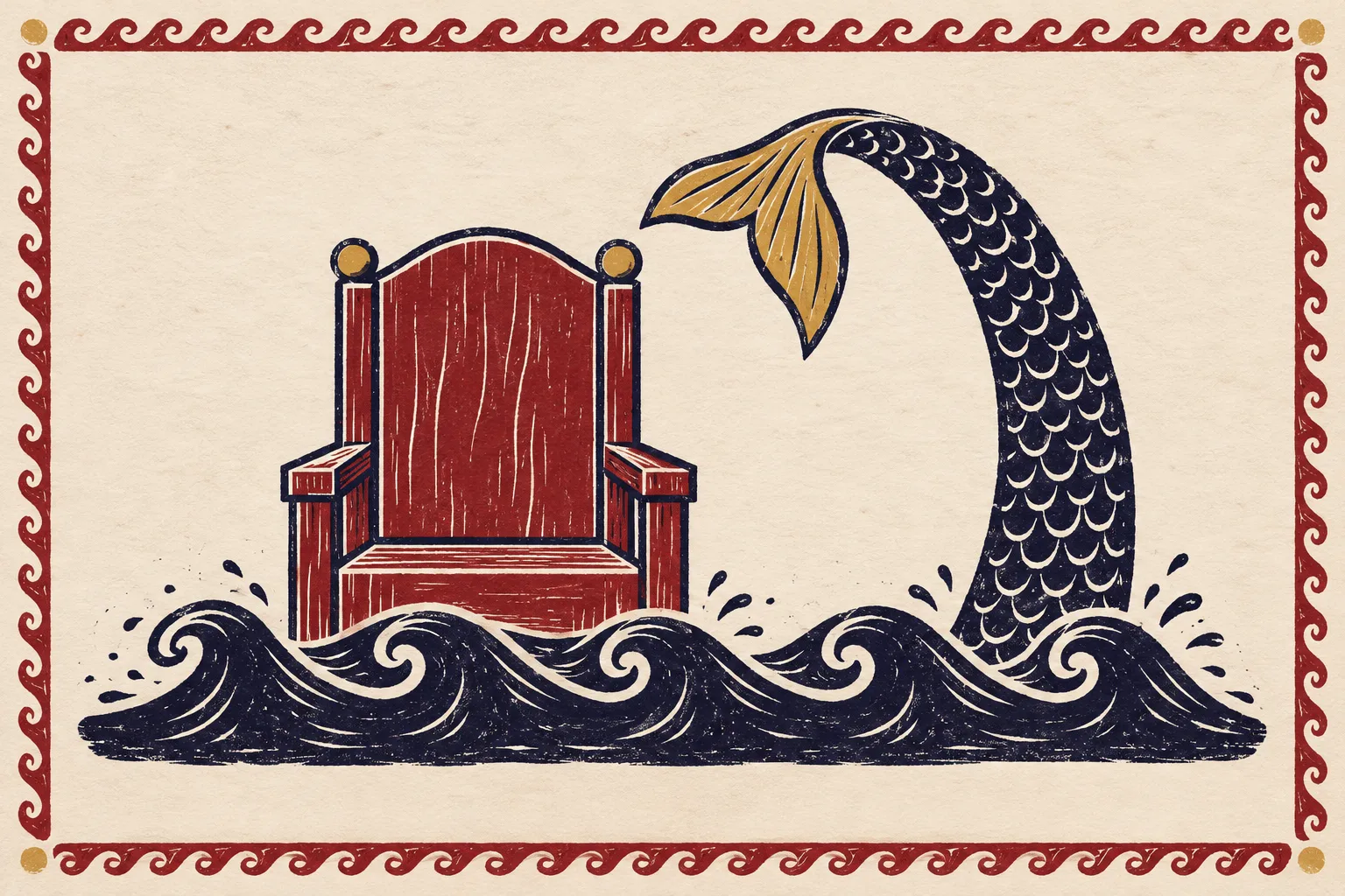 An empty throne in the waves beside a sea monster's curling tail, for Cassiopeia's boast (stylized illustration)