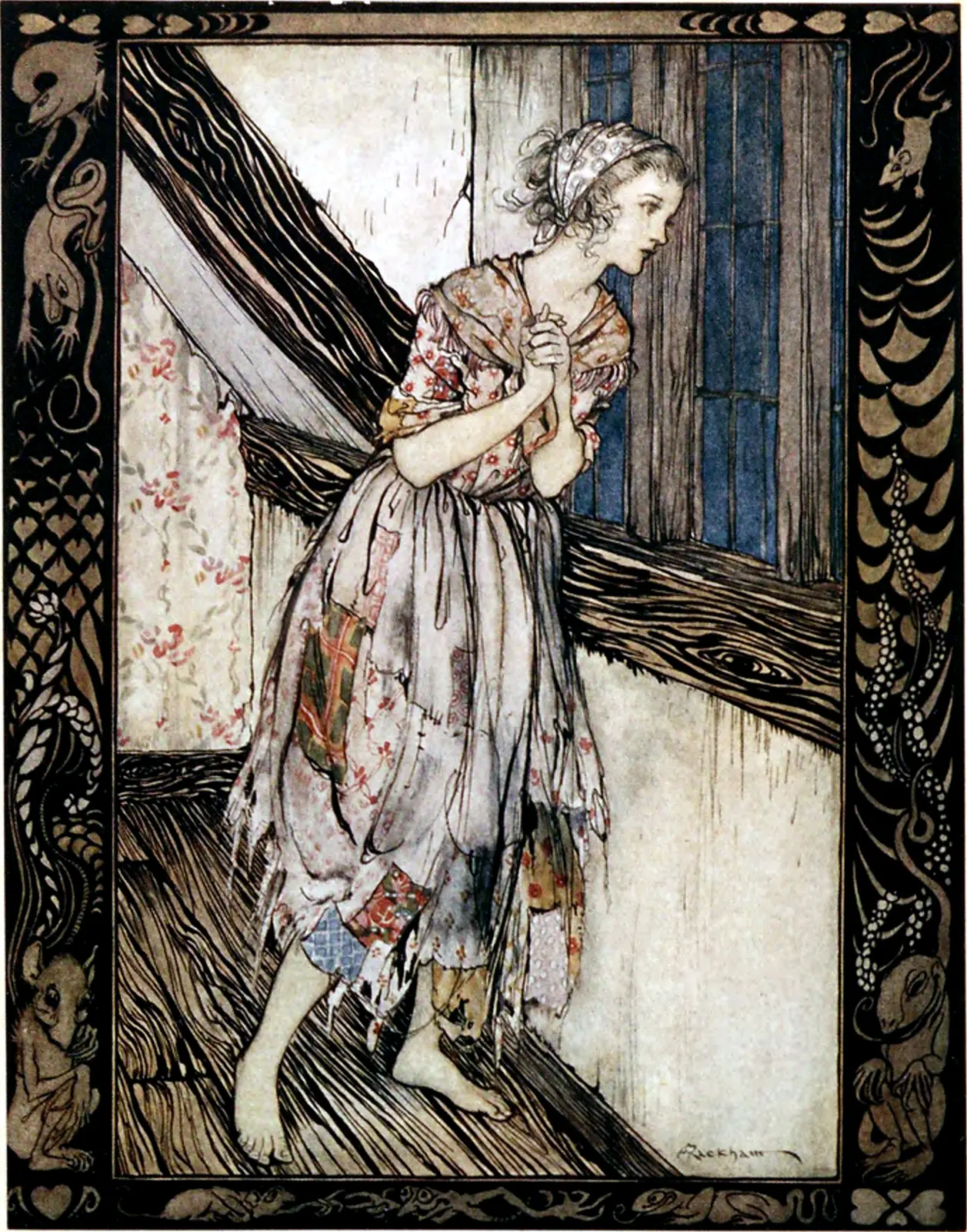 Arthur Rackham's 1919 Cinderella in patched clothes at an attic window, with rats and lizards in the border