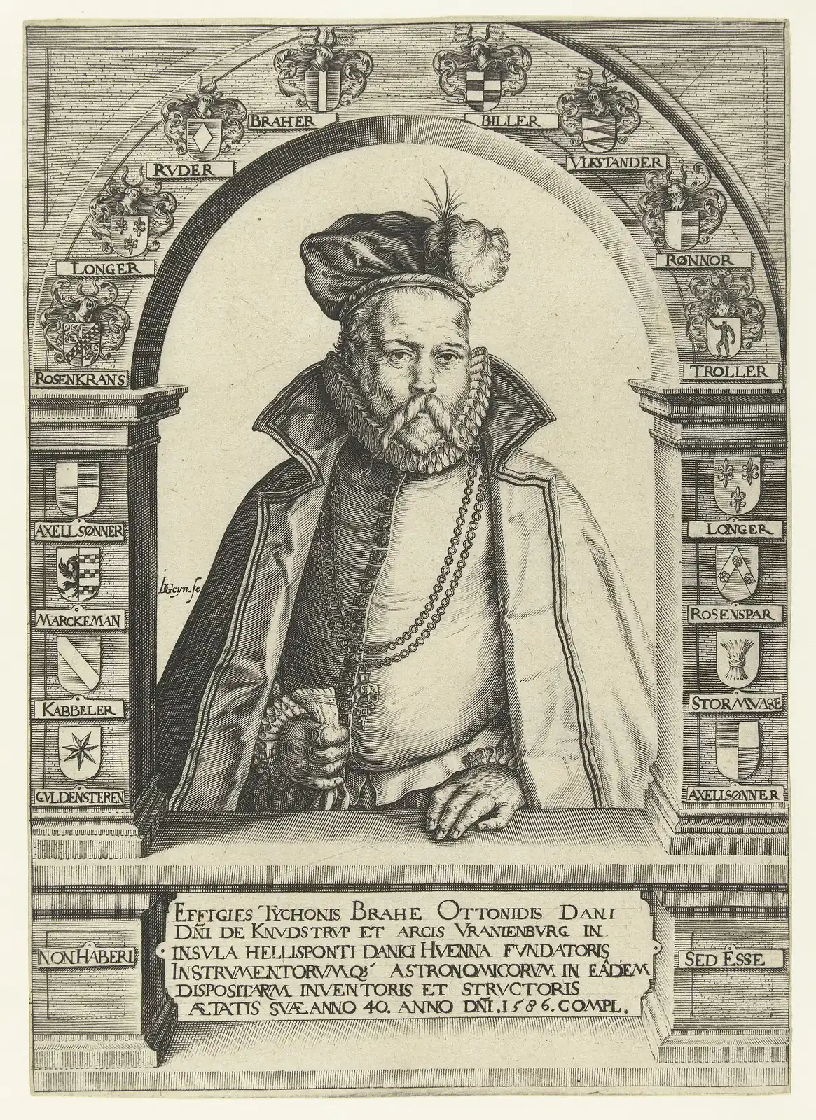 Engraved portrait of Tycho Brahe at 40, in a ruff and cap, framed by an arch of family coats of arms