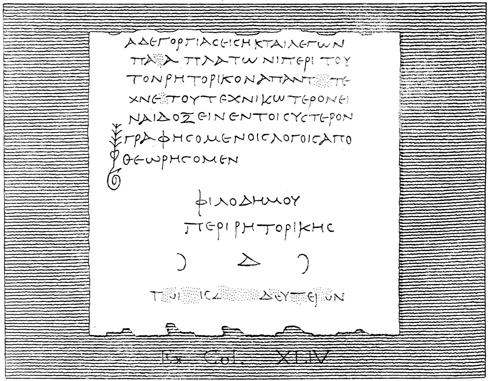 Herculaneum papyri: an 1858 engraved facsimile of a roll's last column with the closing title of Philodemus's On Rhetoric