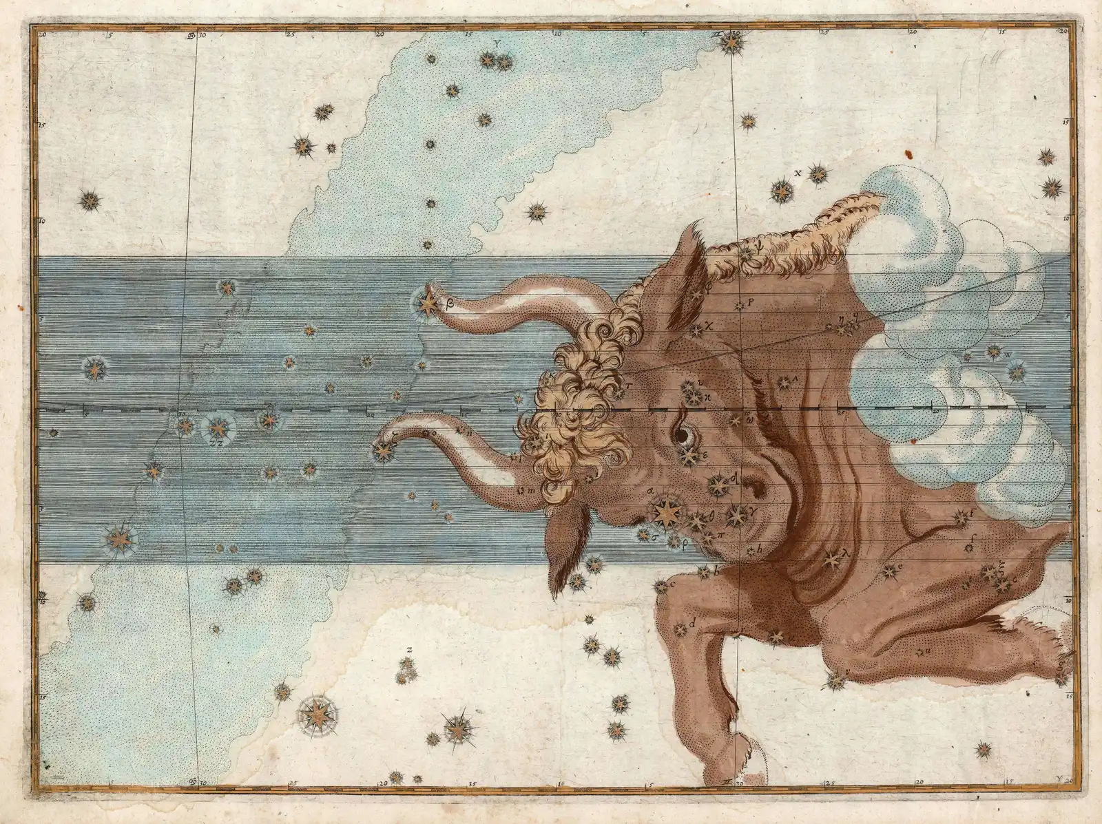 Bayer's 1603 chart of Taurus, with the Pleiades as a small cluster of stars on the bull's back