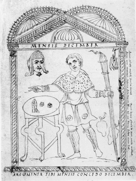 December picture from the Chronography of 354: a man with a torch beside a table with dice, in a 17th-century copy