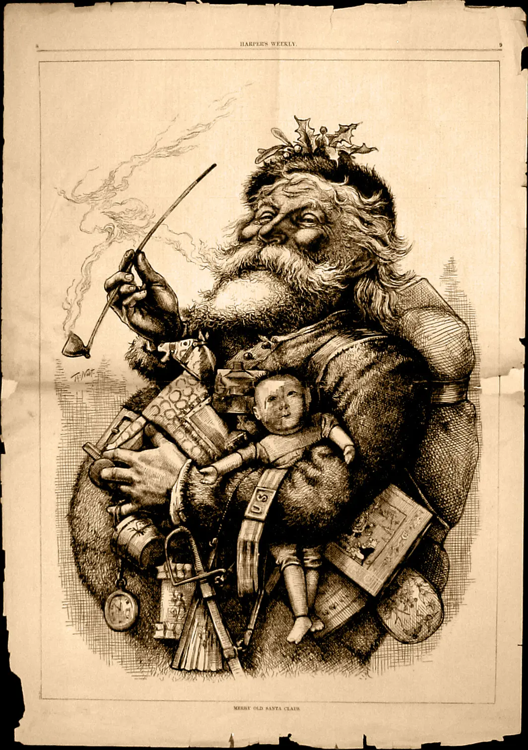 Thomas Nast's Merry Old Santa Claus, 1881: Santa with a pipe, holly in his cap and an armful of toys, in black and white