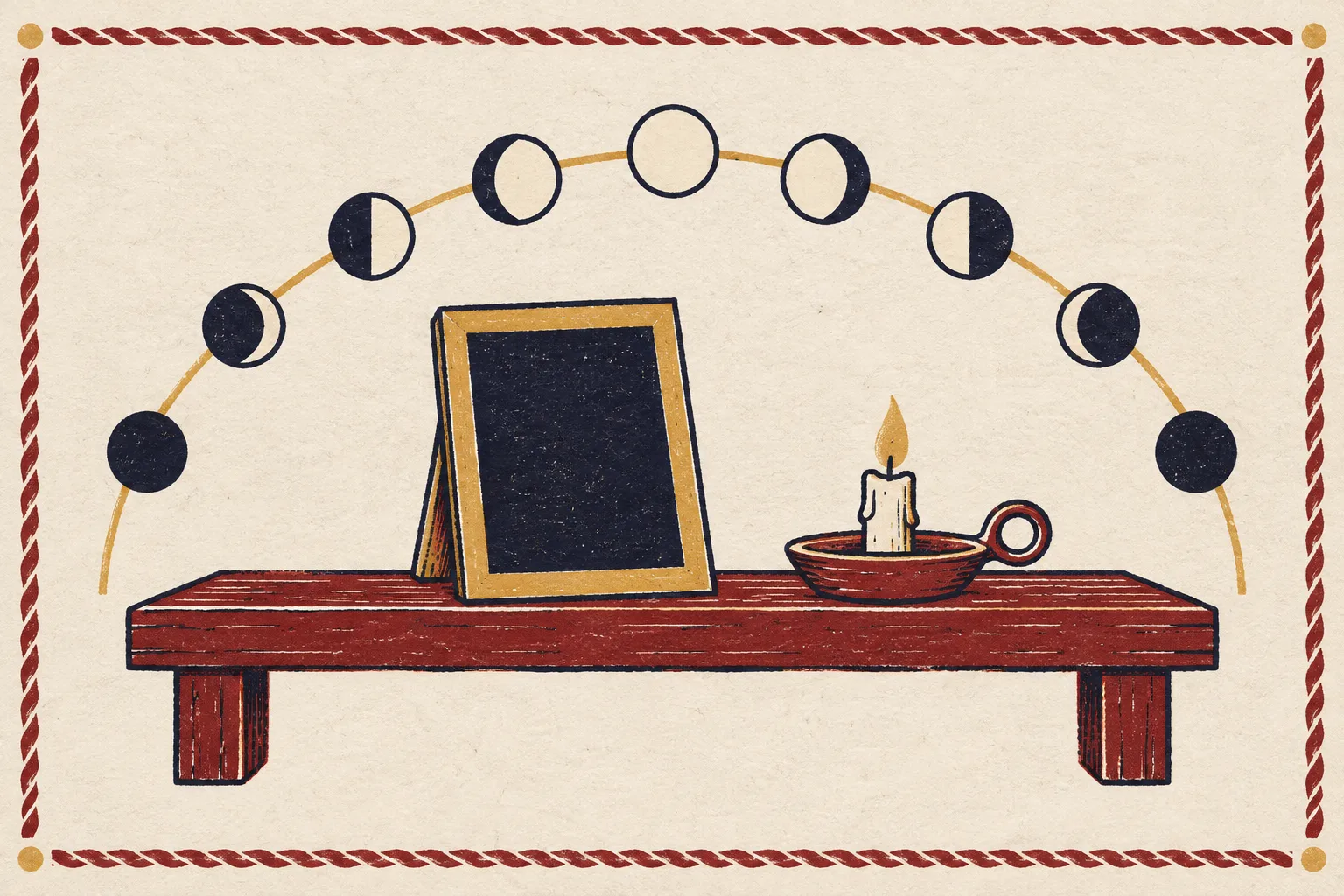 Date of Easter: a reckoner's desk with a candlestick, a blank wax tablet and an arc of moon phases (stylized illustration)