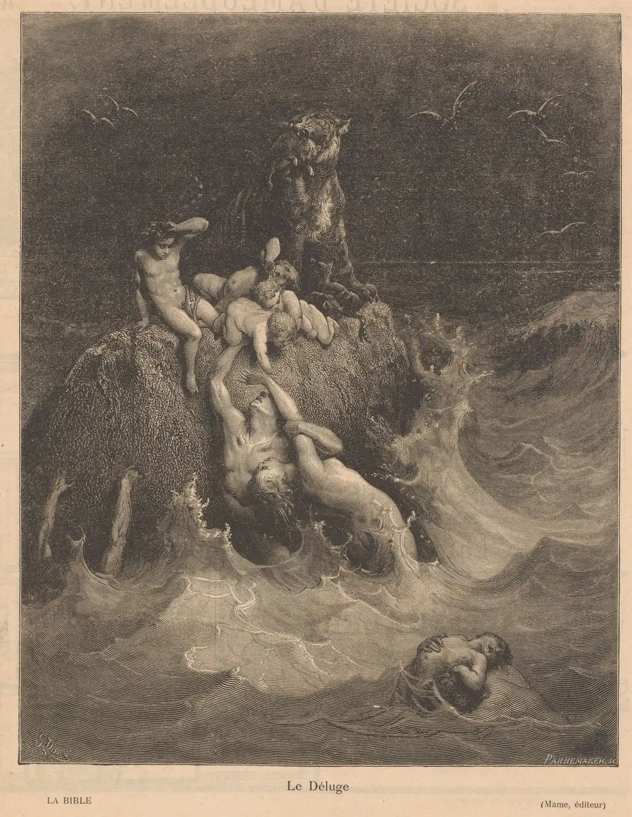Doré's engraving of the Genesis flood: people and a big cat cling to a rock as high waves rise around them