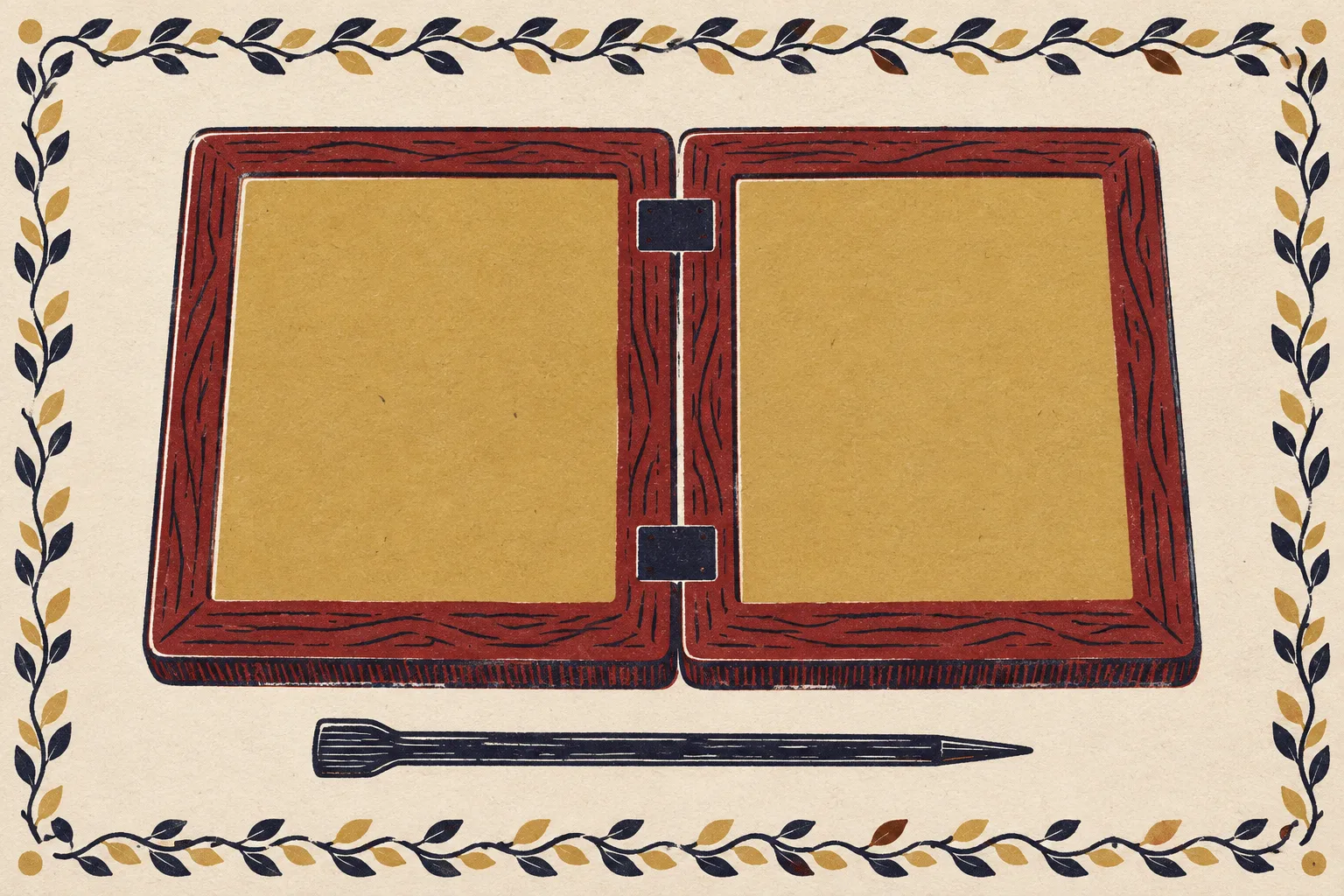 A hinged wax-covered writing board with a stylus, the kind listed in Ashurbanipal's library records (stylized illustration)