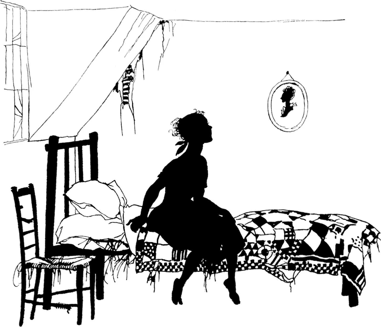 Arthur Rackham silhouette for a 1919 Cinderella retelling: a girl sitting on a patchwork bed in a bare room