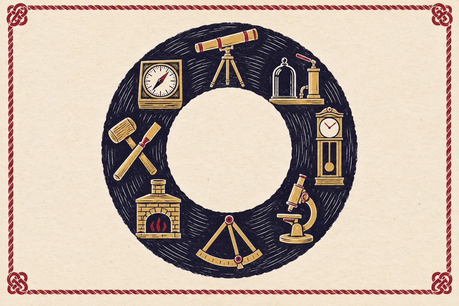 Lacaille's instruments, from telescope and air pump to clock and compass, set in a ring (stylized illustration)