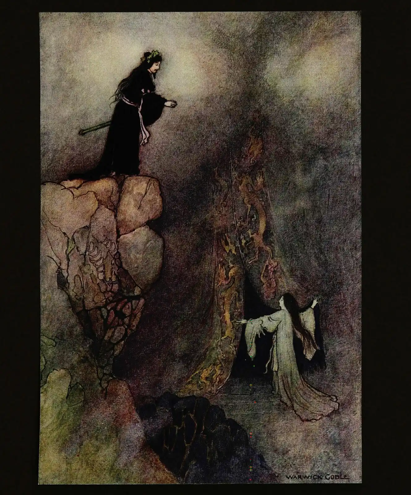 Warwick Goble's 1910 plate for Grace James's Izanami story "The Land of Yomi": a man on a rock above a woman at a dark door