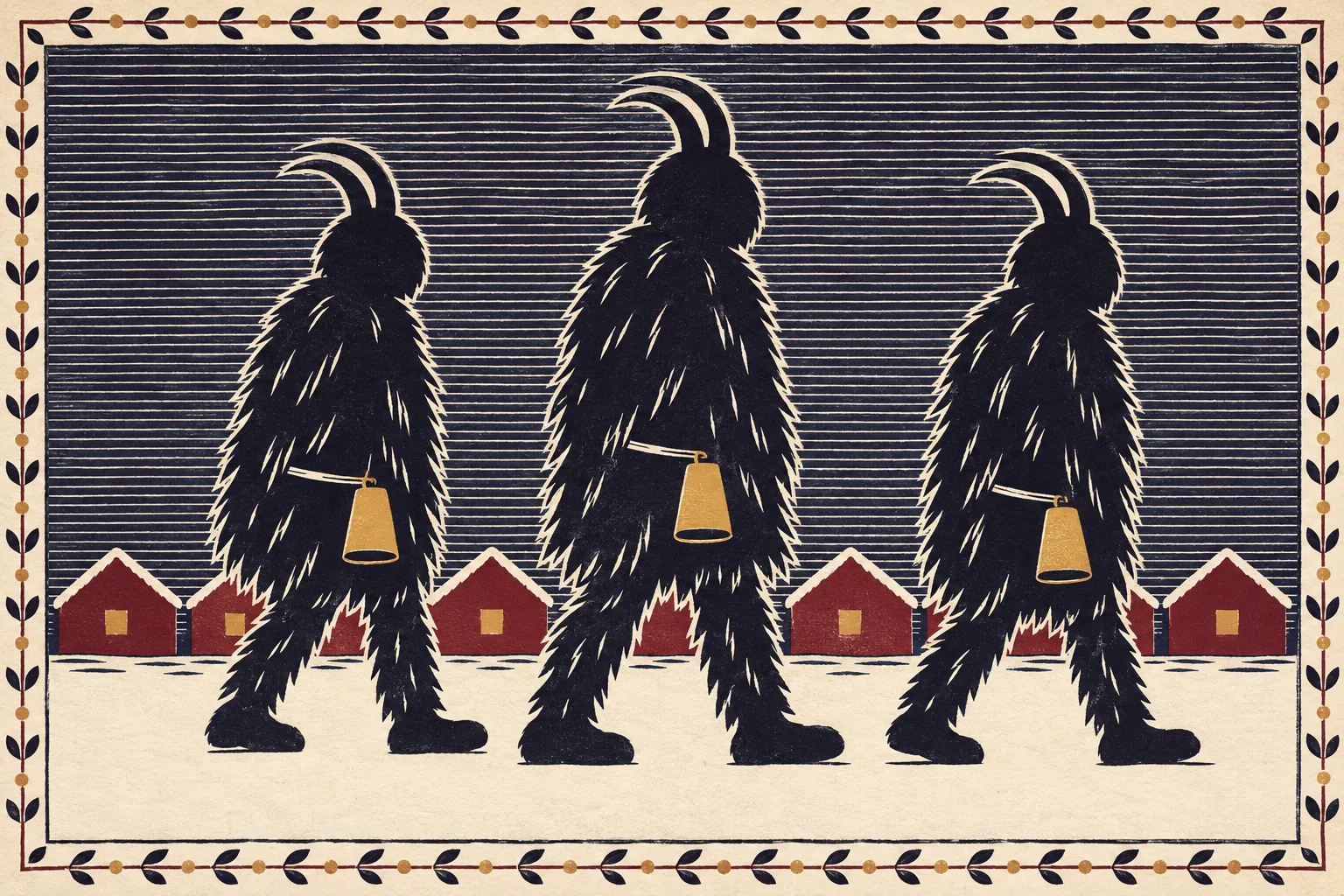 Three horned, fur-clad silhouettes with cowbells walk a snowy village street at night, a Krampus run (stylized illustration)