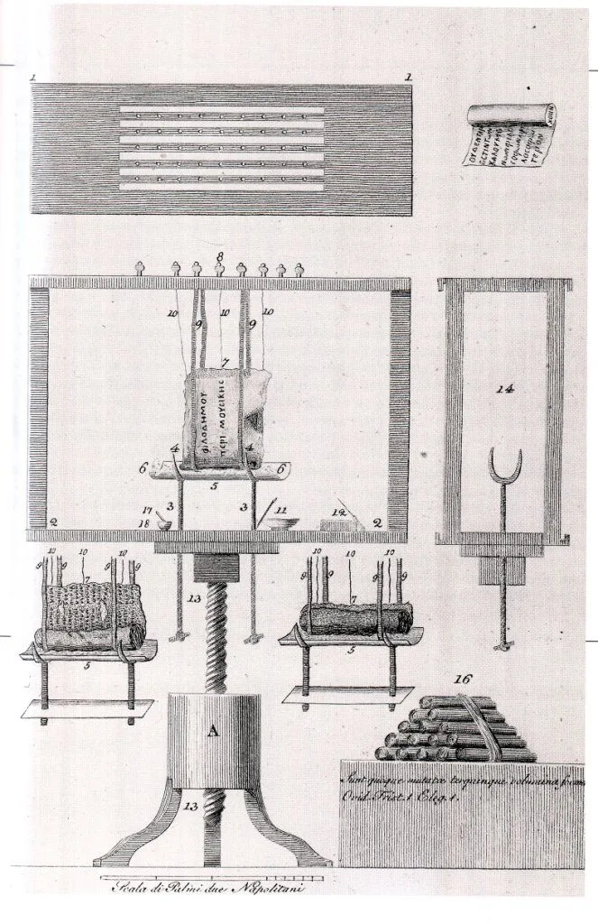 Piaggio's machine for unrolling Herculaneum papyri, an 1858 engraving with a roll labeled Philodemus On Music