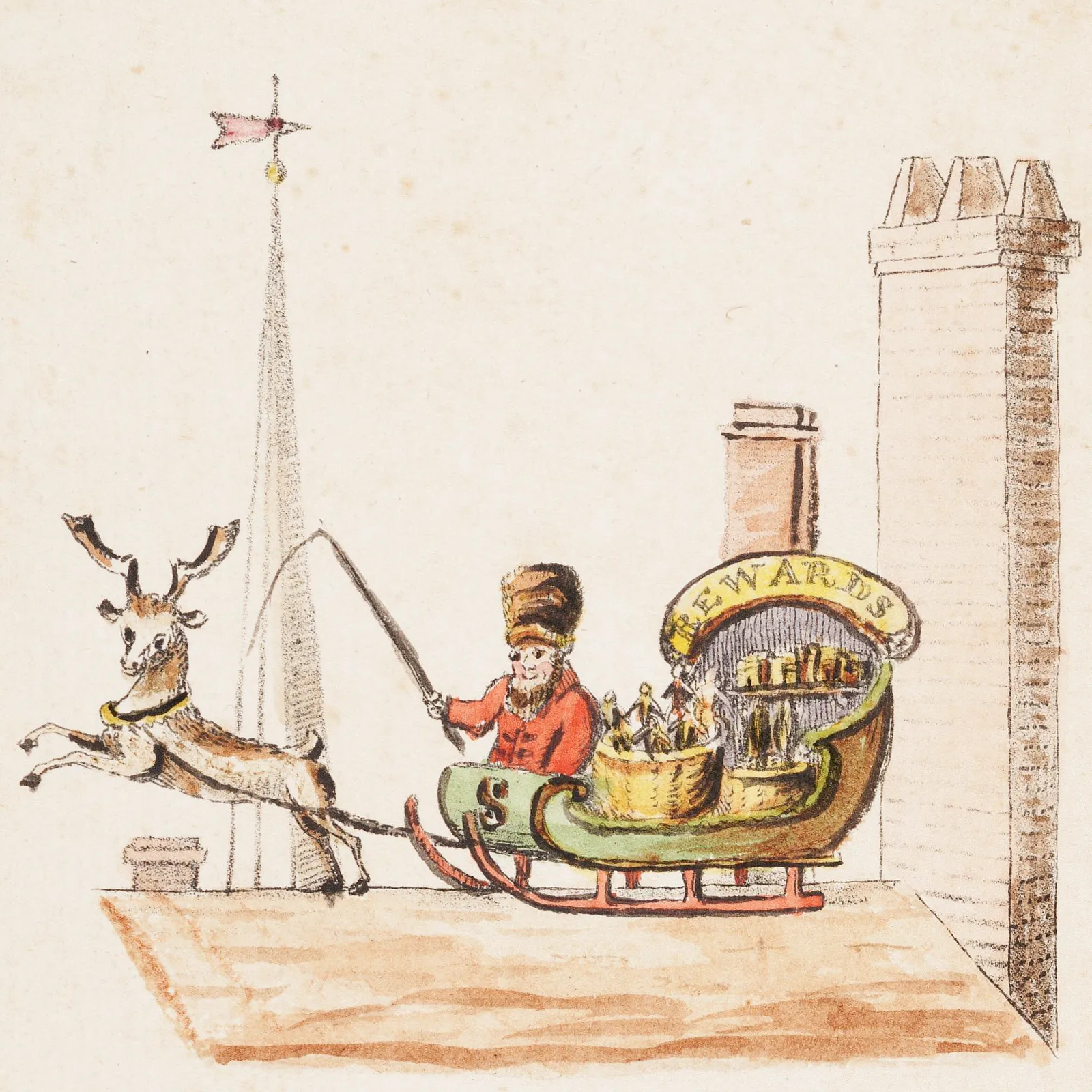 The Children's Friend, 1821: Santeclaus in a red coat drives a sleigh pulled by one reindeer across a rooftop