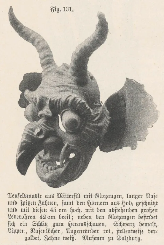 Carved wooden devil mask from Mittersill with long horns, staring eyes, a hooked nose and pointed teeth (Andree-Eysn, 1910)