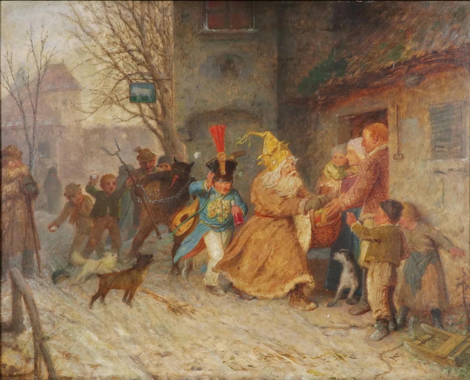 Krampus and St. Nicholas visit a family at its door in a snowy village street, in an oil painting by Rudolf Hausleithner