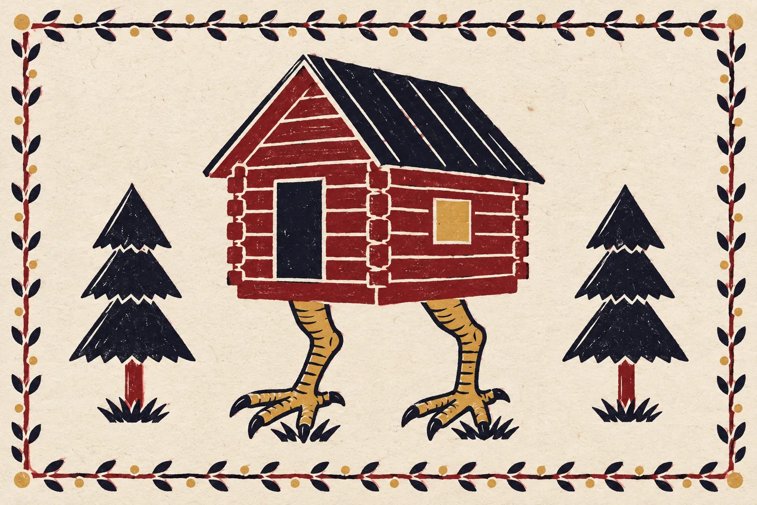 Baba Yaga's log hut standing on two chicken legs between two fir trees, in a folk print border (stylized illustration)