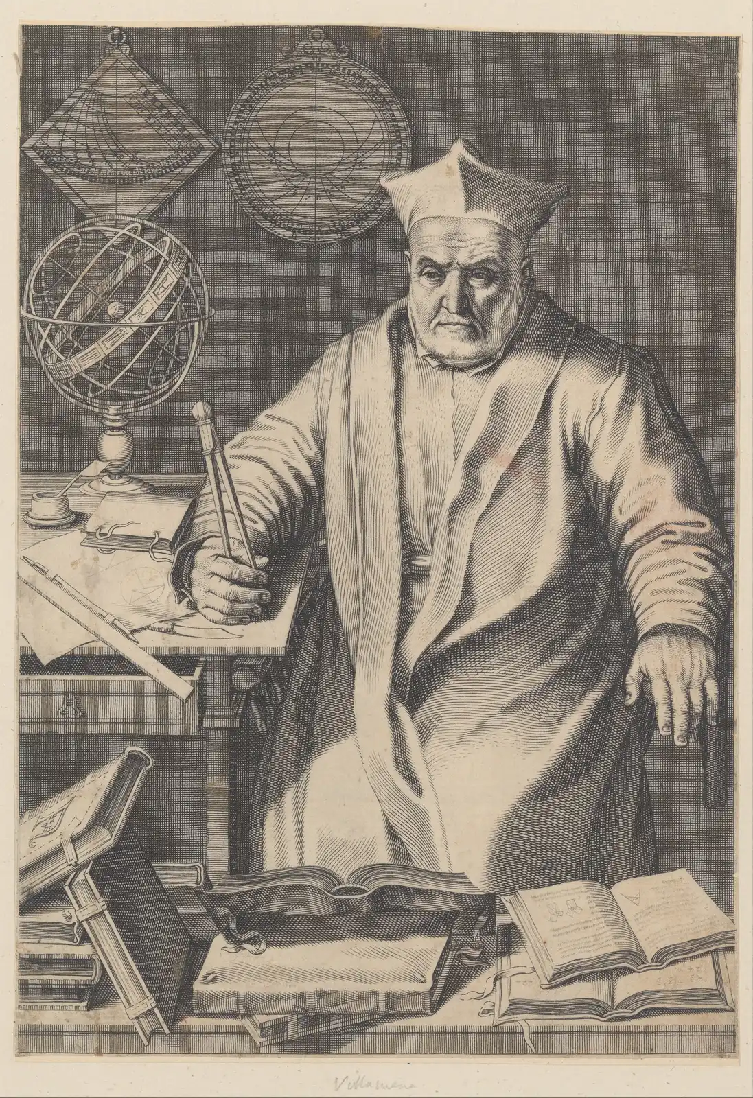 Christopher Clavius in Francesco Villamena's 1606 engraving, seated by an armillary sphere, with instruments on the wall