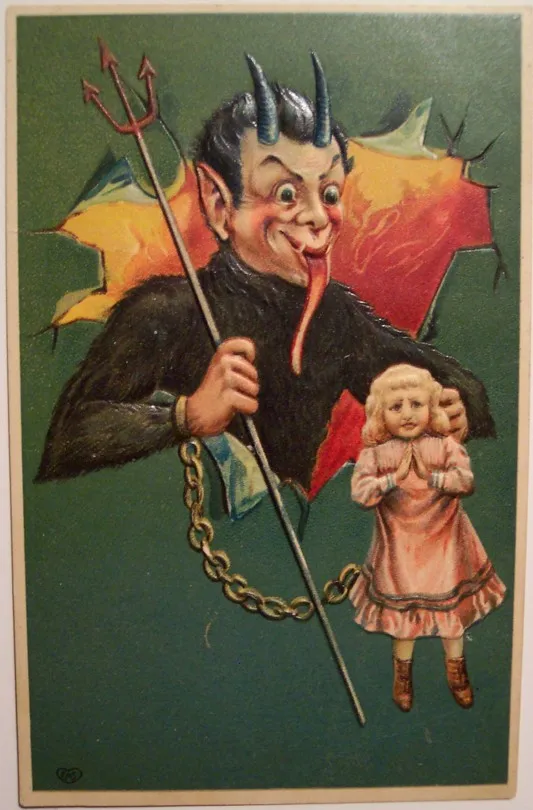 An early-1900s Krampus postcard: a grinning horned Krampus with a trident and a chain holds a small girl with folded hands
