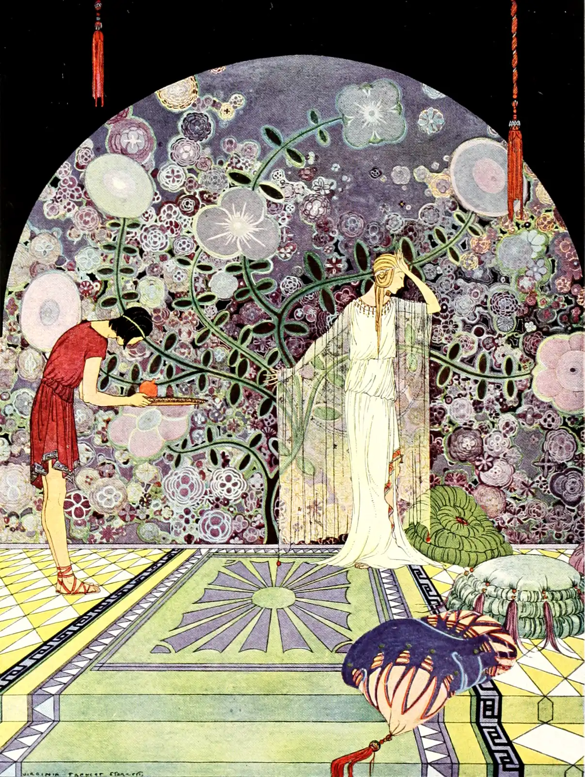 Sterrett's 1921 plate for Tanglewood Tales: a servant bows with a fruit on a tray as Proserpina turns away in a white gown