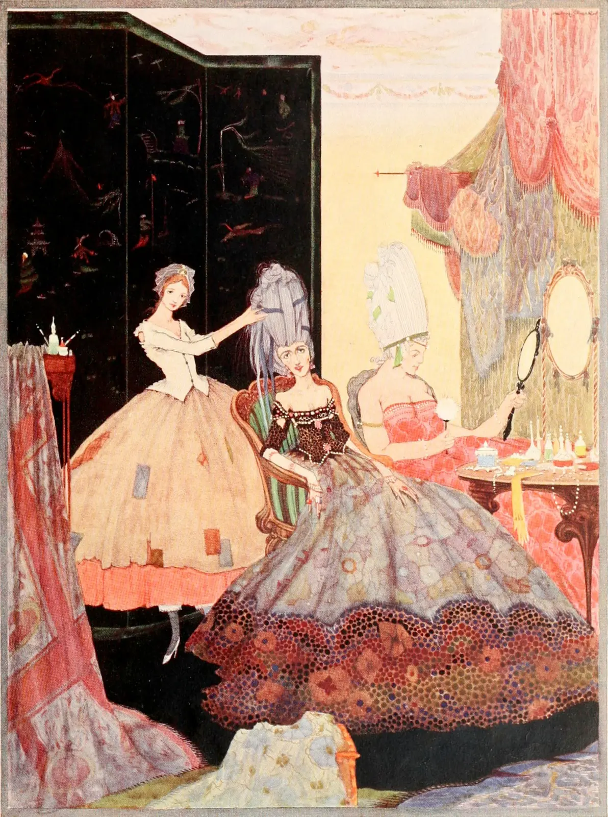 Harry Clarke's 1922 Cinderella plate: the heroine pins up a stepsister's tall hair while the other sits at a mirror