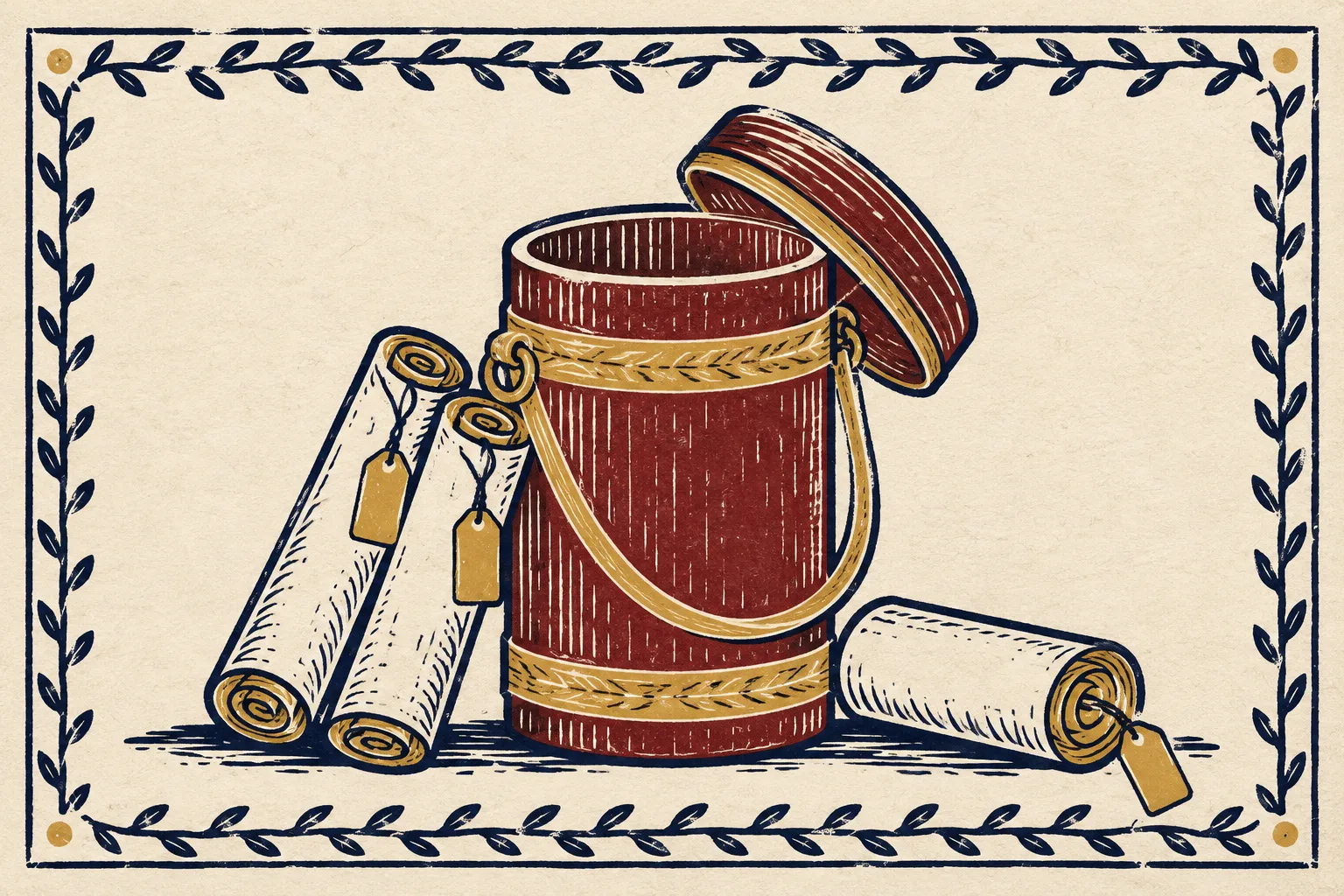 An empty book-roll case and rolls with blank tags, standing for the lost books of antiquity (stylized illustration)