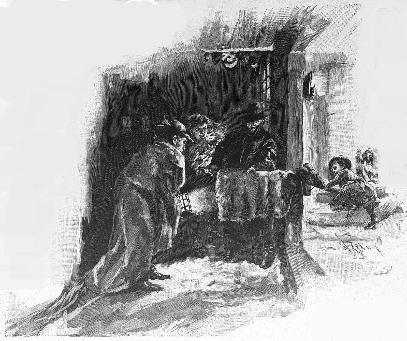 Werner Zehme's 1891 drawing of the Klapperbock: visitors at a door with a hide-draped ram's-head pole and a child fleeing