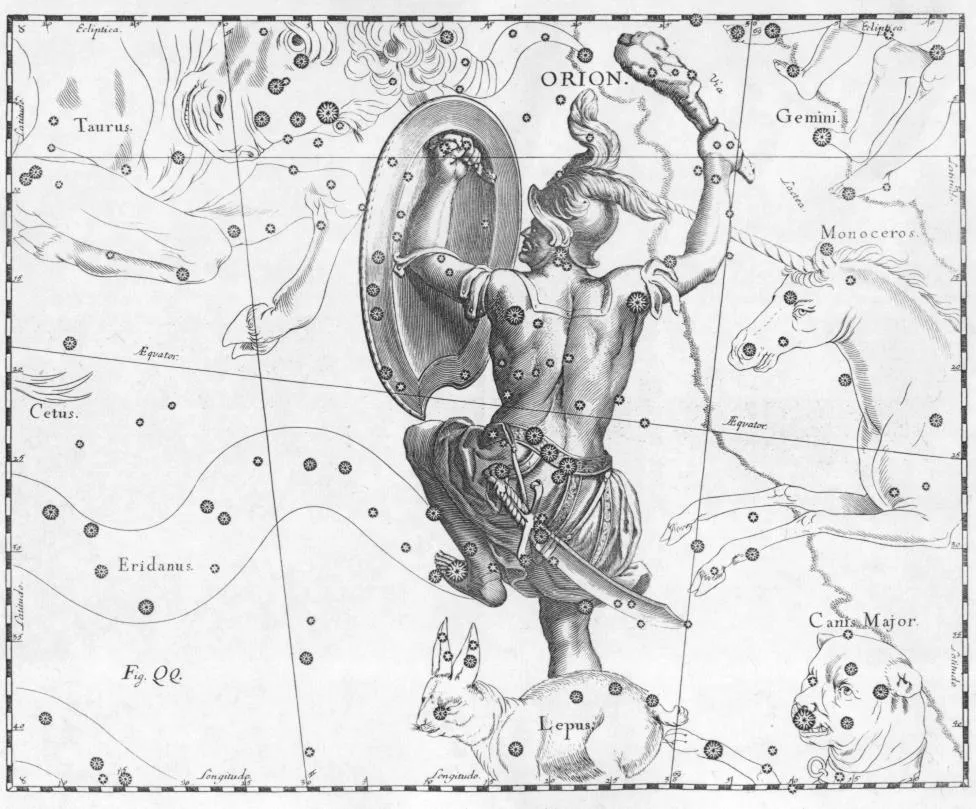 Hevelius's Orion seen from behind, with Monoceros, Taurus and Gemini drawn mirror-reversed as on a globe