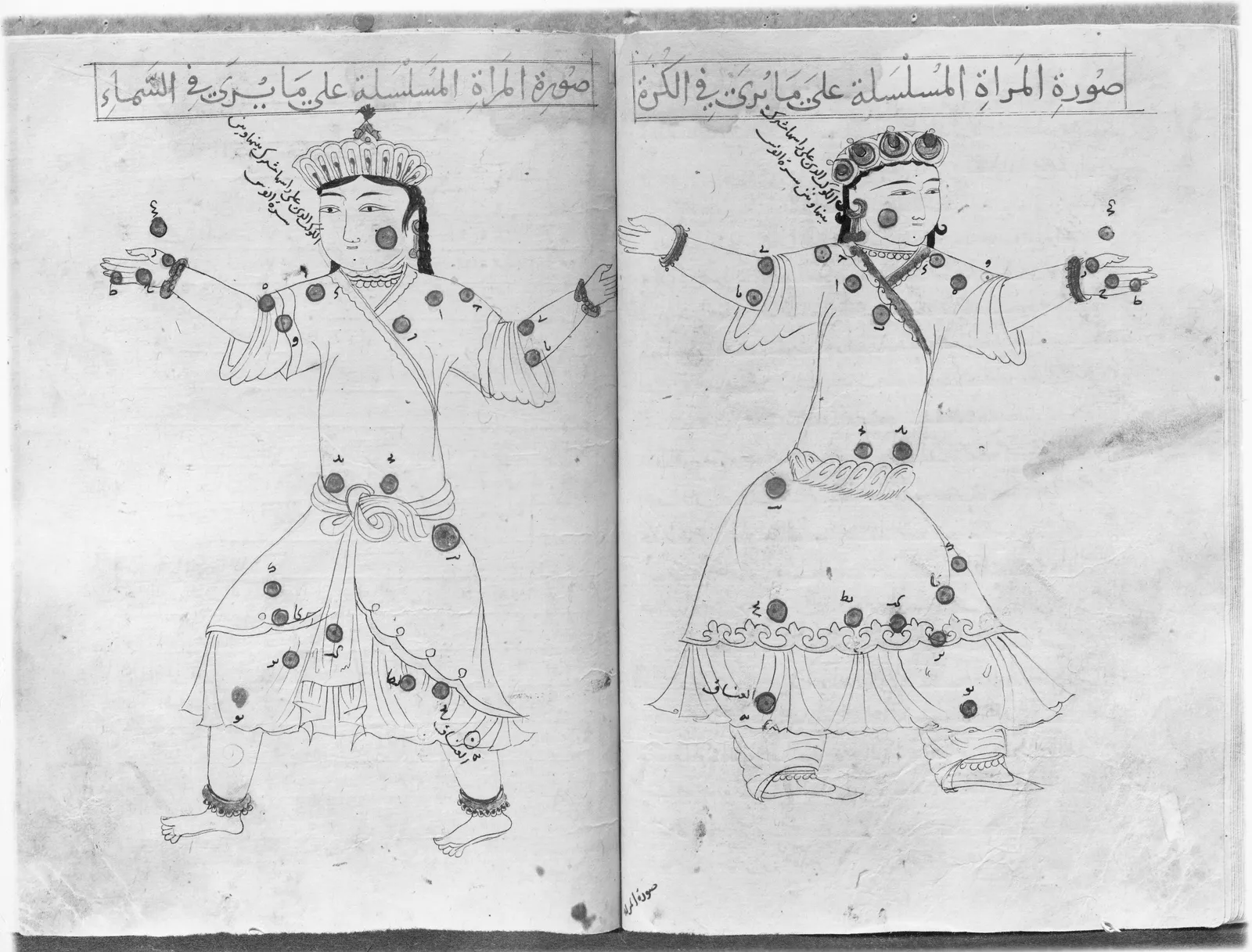 Al-Sufi manuscript pages showing Andromeda twice, as seen in the sky and on a globe