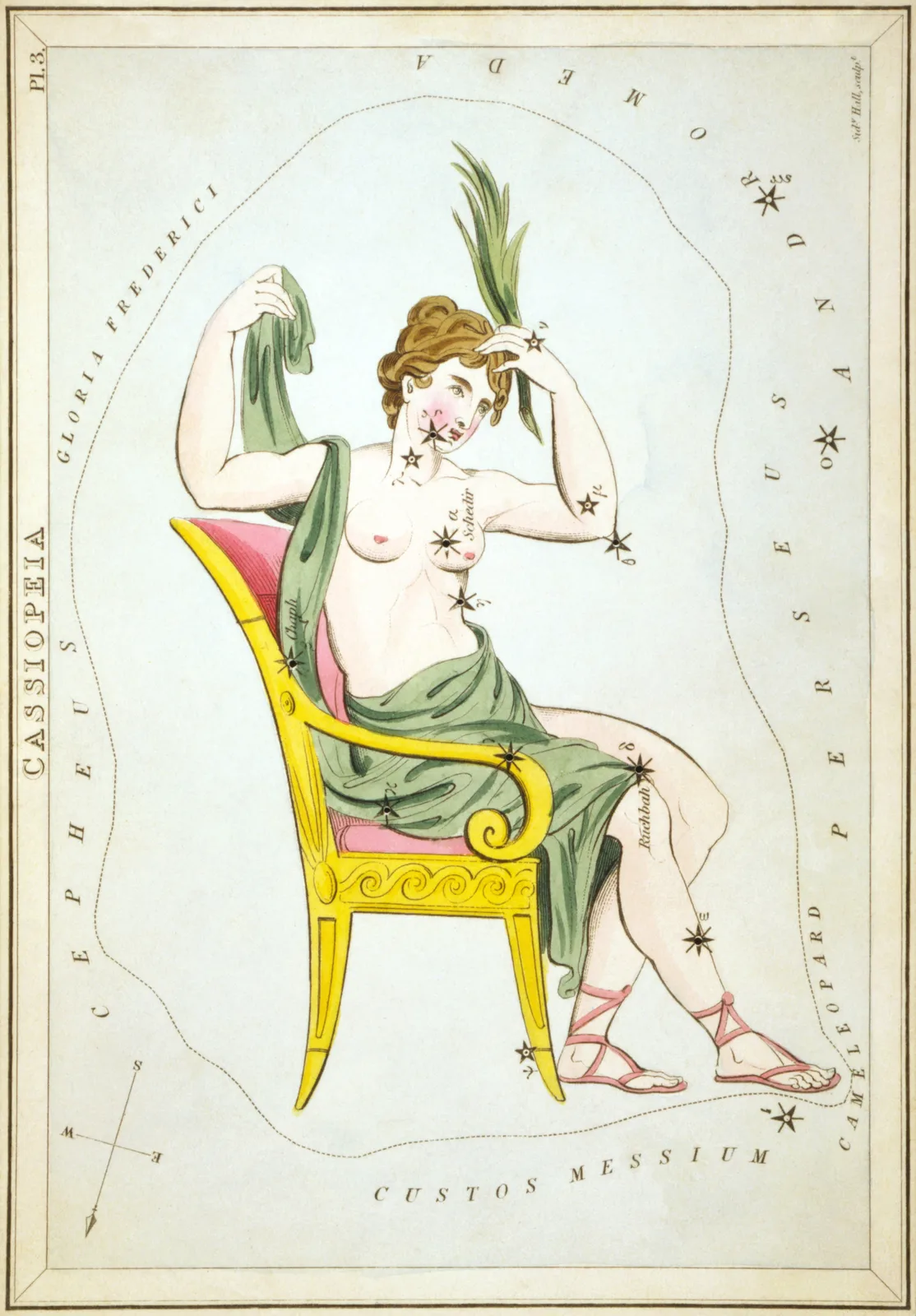Urania's Mirror card of Cassiopeia seated in a chair with a palm frond, her stars marked and named