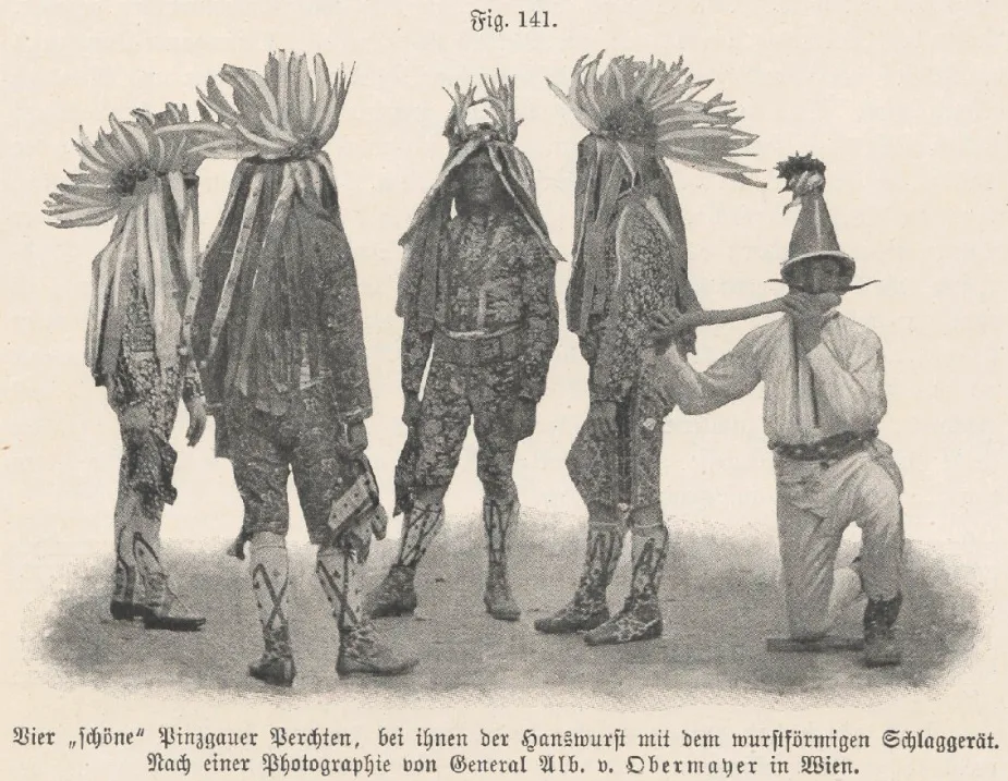 Four Pinzgau Schönperchten in tall spiky headdresses and patterned costumes beside a Hanswurst with a sausage-shaped club