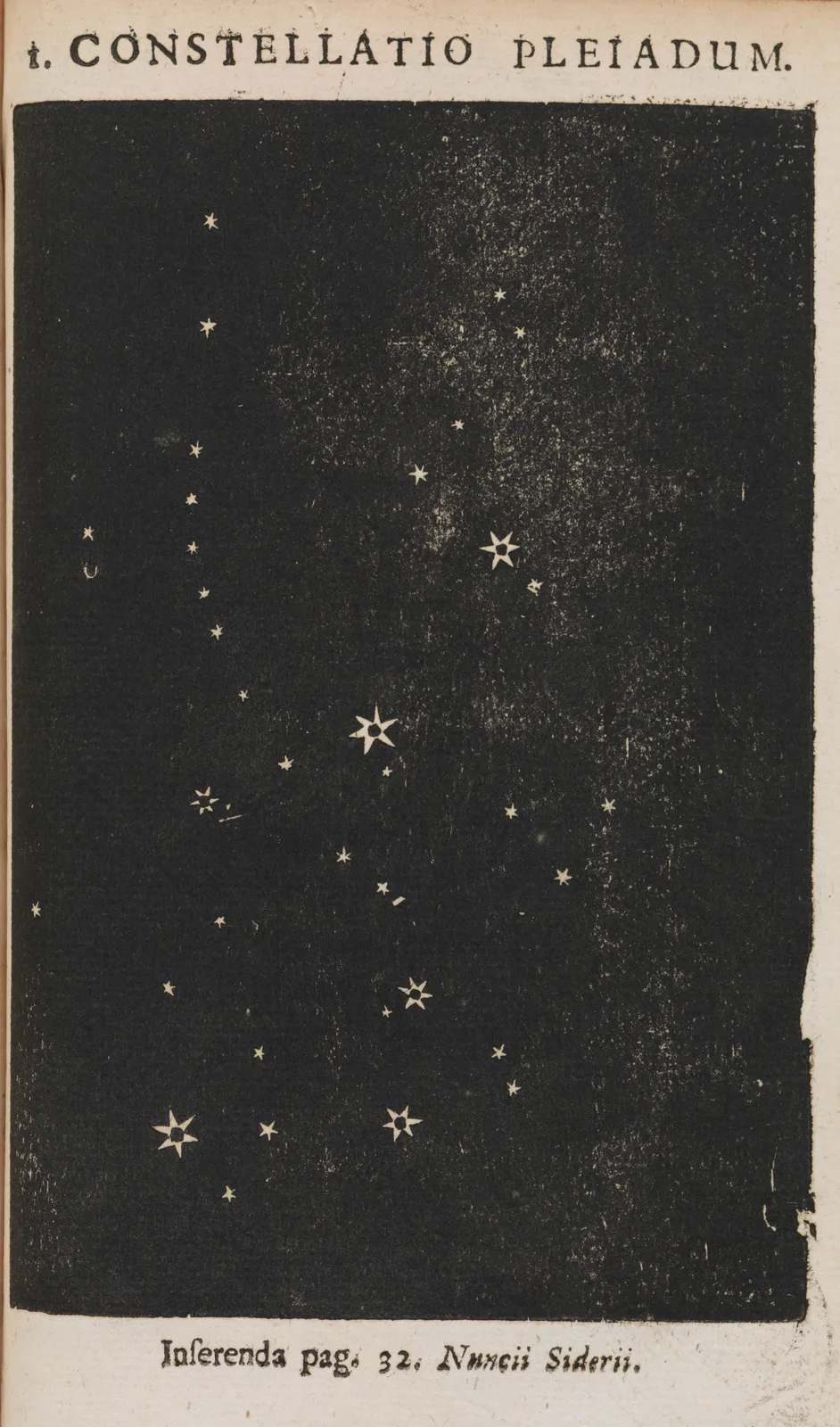 Woodcut of Galileo's Pleiades diagram: white stars on black under the title Constellatio Pleiadum, from a 1680s printing