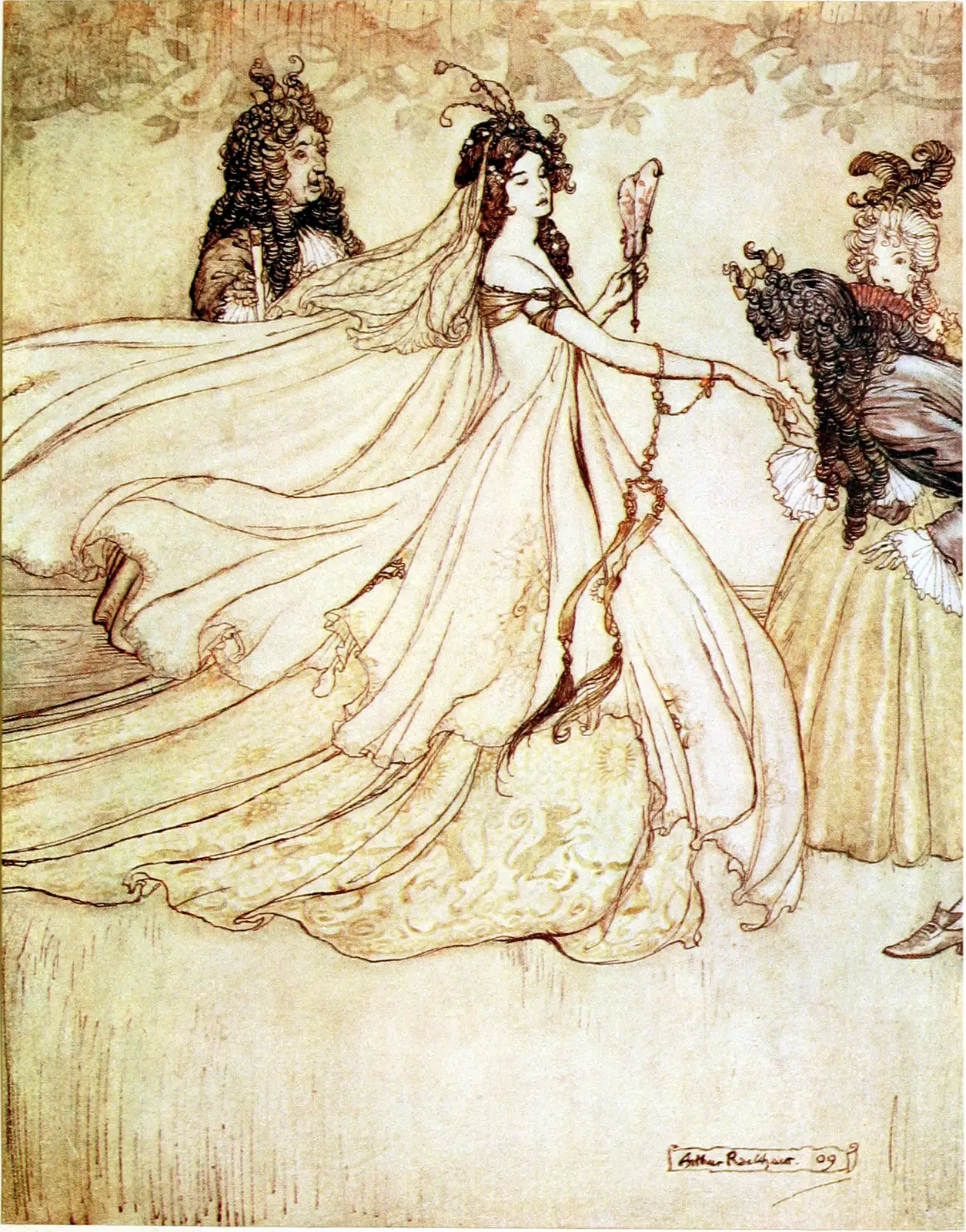 Arthur Rackham's 1909 Ashenputtel plate: the Grimms' Cinderella at the ball in a gown that sweeps out behind her