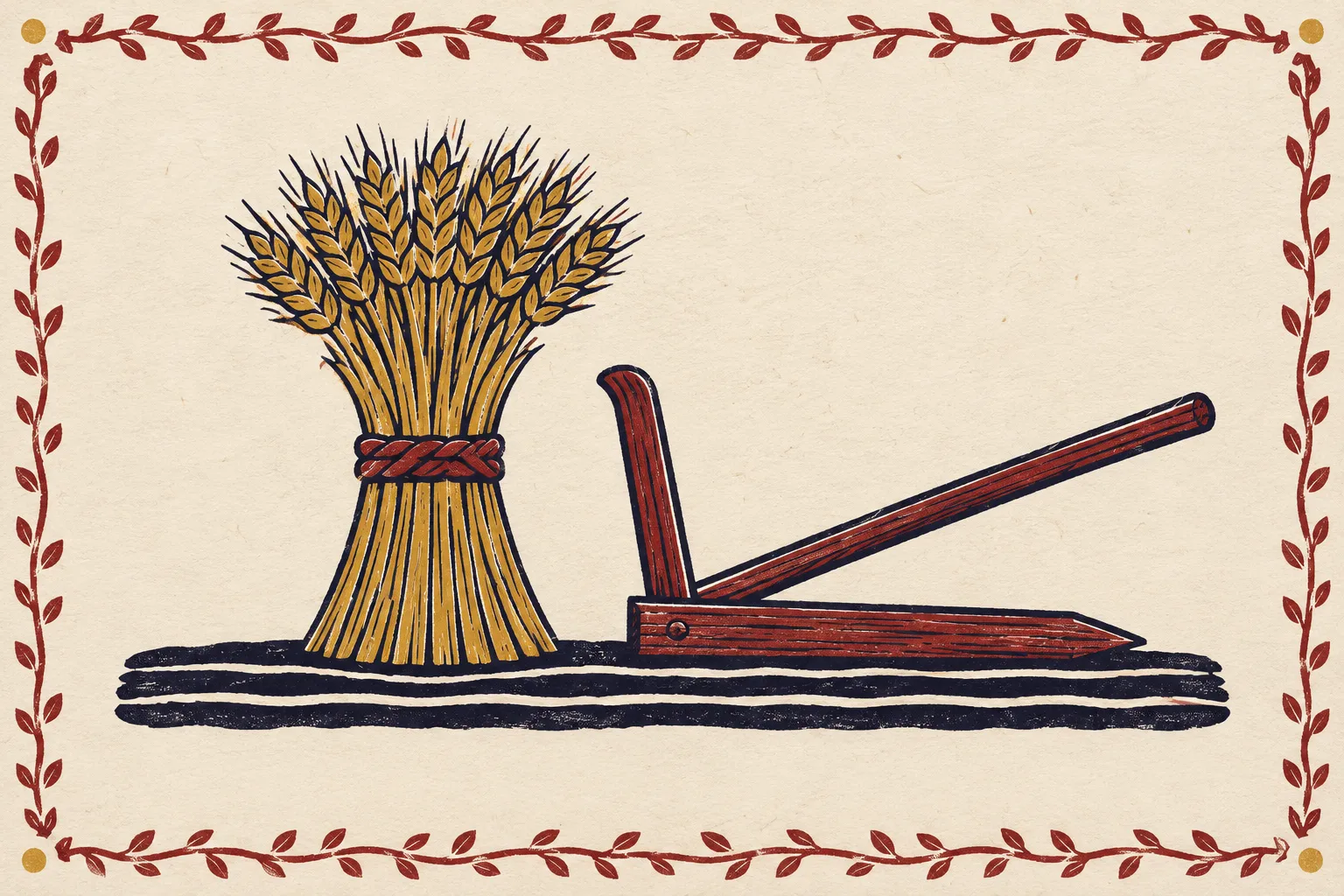 A plow and a bound sheaf of grain, the farm work Hesiod timed by the Pleiades (stylized illustration)