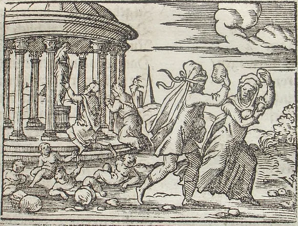 Woodcut of Deucalion and Pyrrha, heads veiled, throwing stones that turn into people beside a round temple
