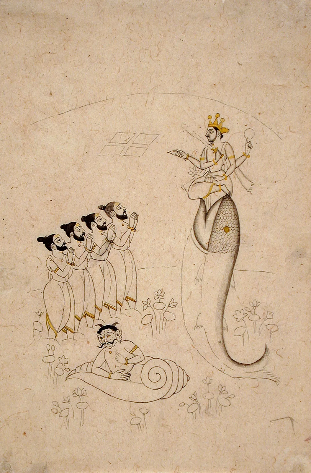 "Matsya Avatar of Vishnu": a crowned, four-armed figure with a fish's body rises before four men with joined hands