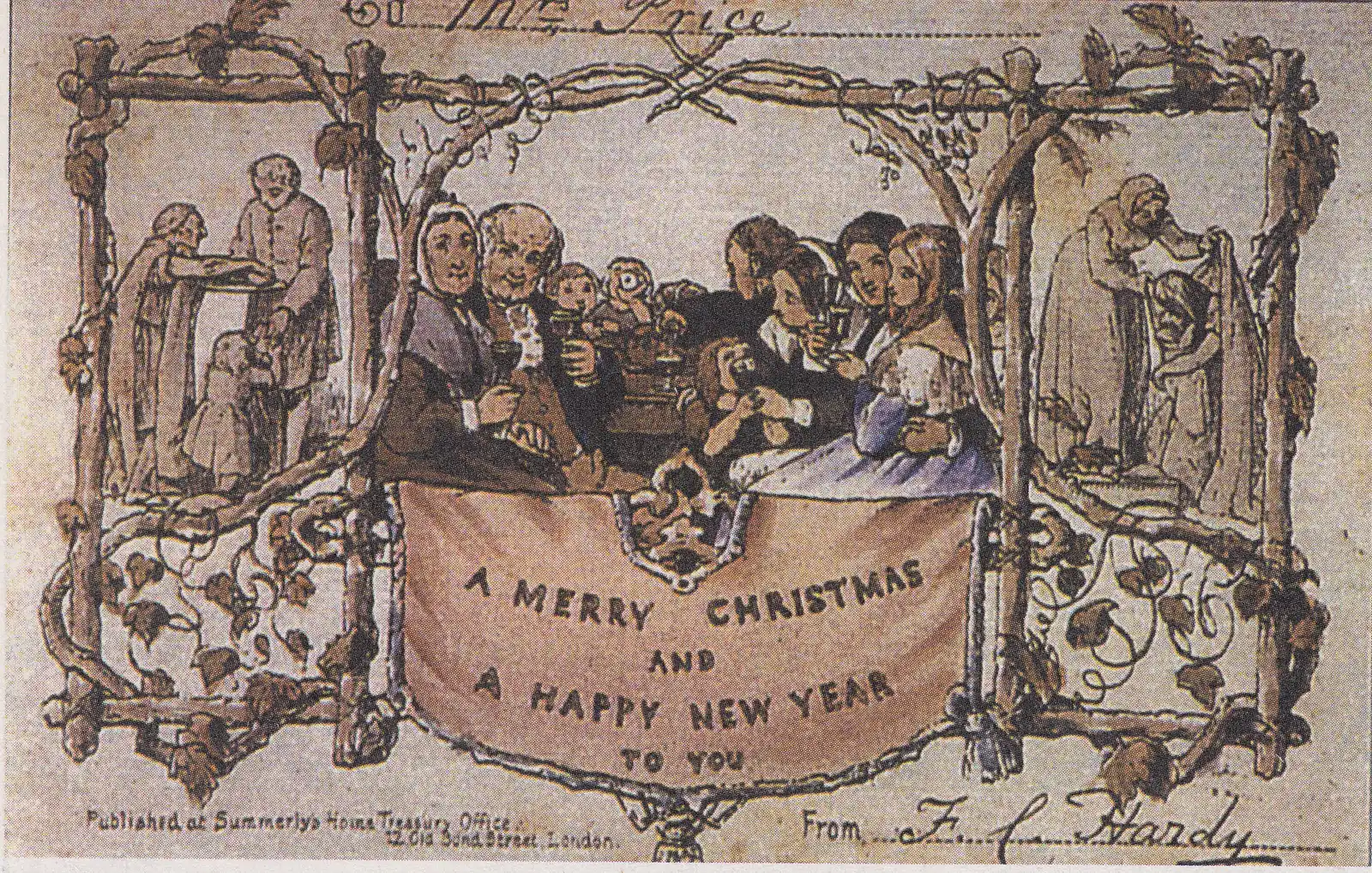 Christmas card by J. C. Horsley for Henry Cole, 1843: a family raising glasses, framed by scenes of giving food and clothing