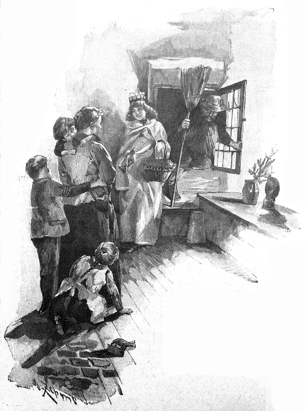 Werner Zehme's 1891 drawing of the Alsatian Christkind with a basket while Hans Trapp climbs in at a window holding a broom
