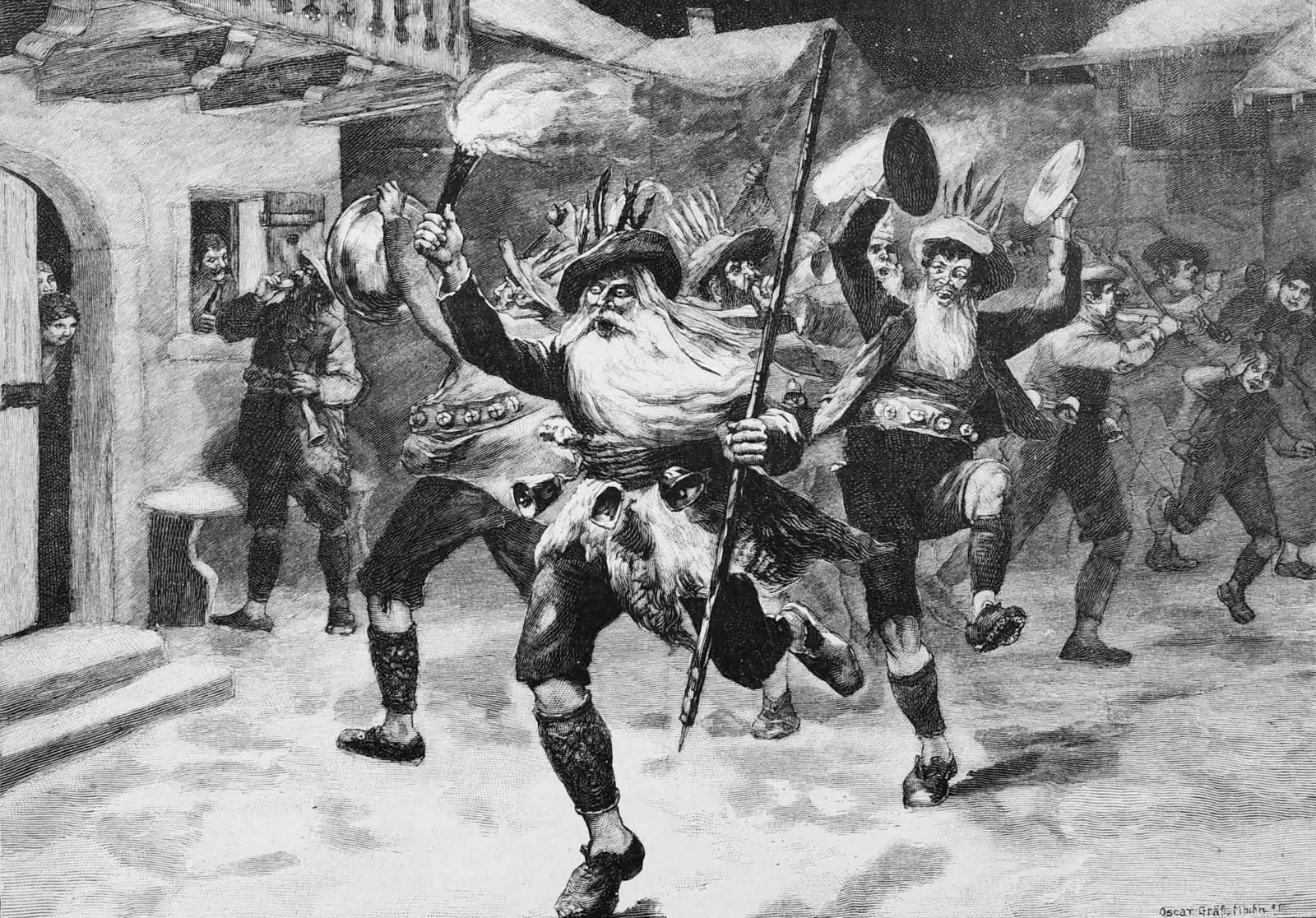 Oscar Gräf's 1892 drawing of a night-time Perchten run: bearded men with a torch, bells and tall feathered hats