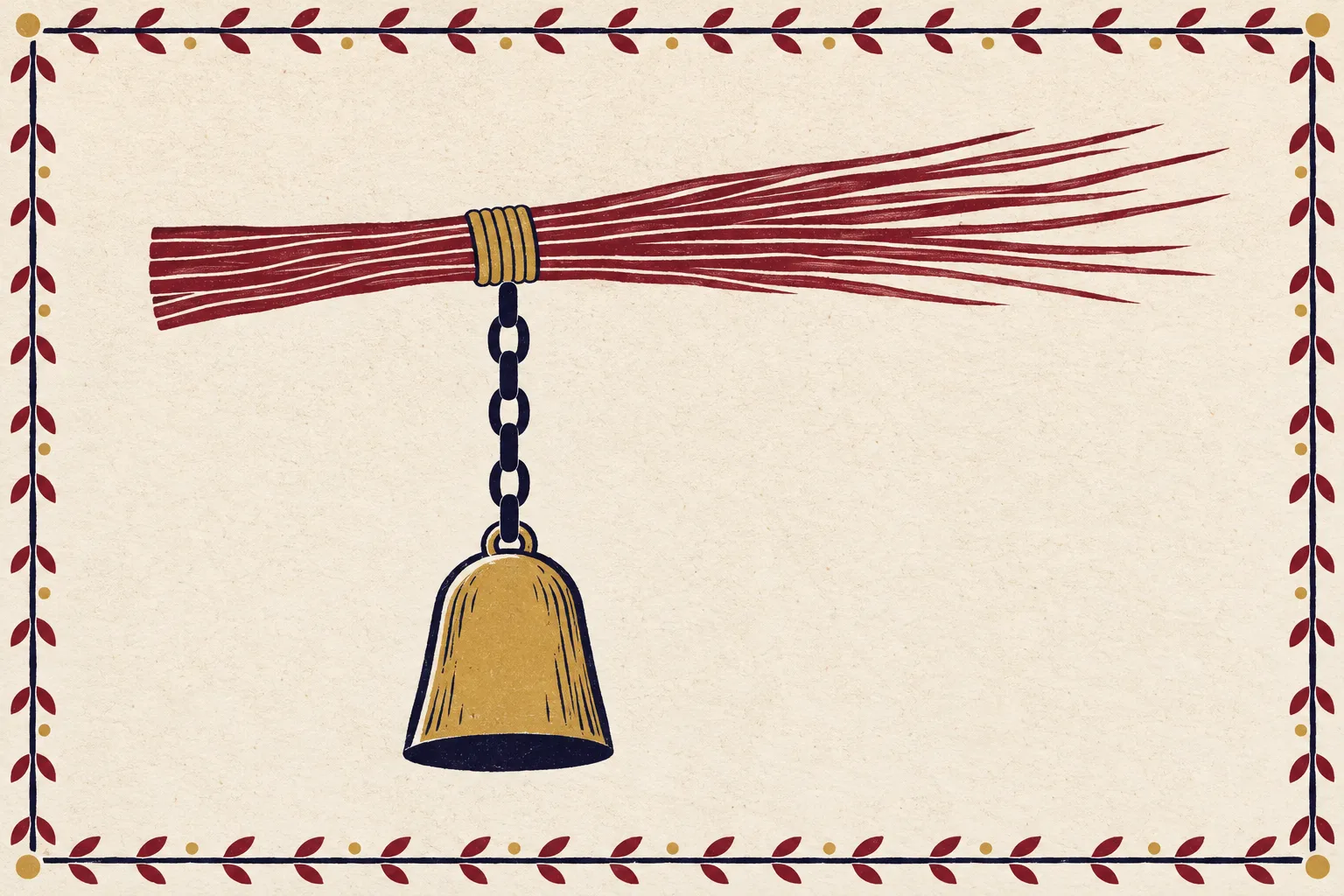 A birch rod tied with cord, a chain and a bell, the props of Krampus, in a folk print border (stylized illustration)