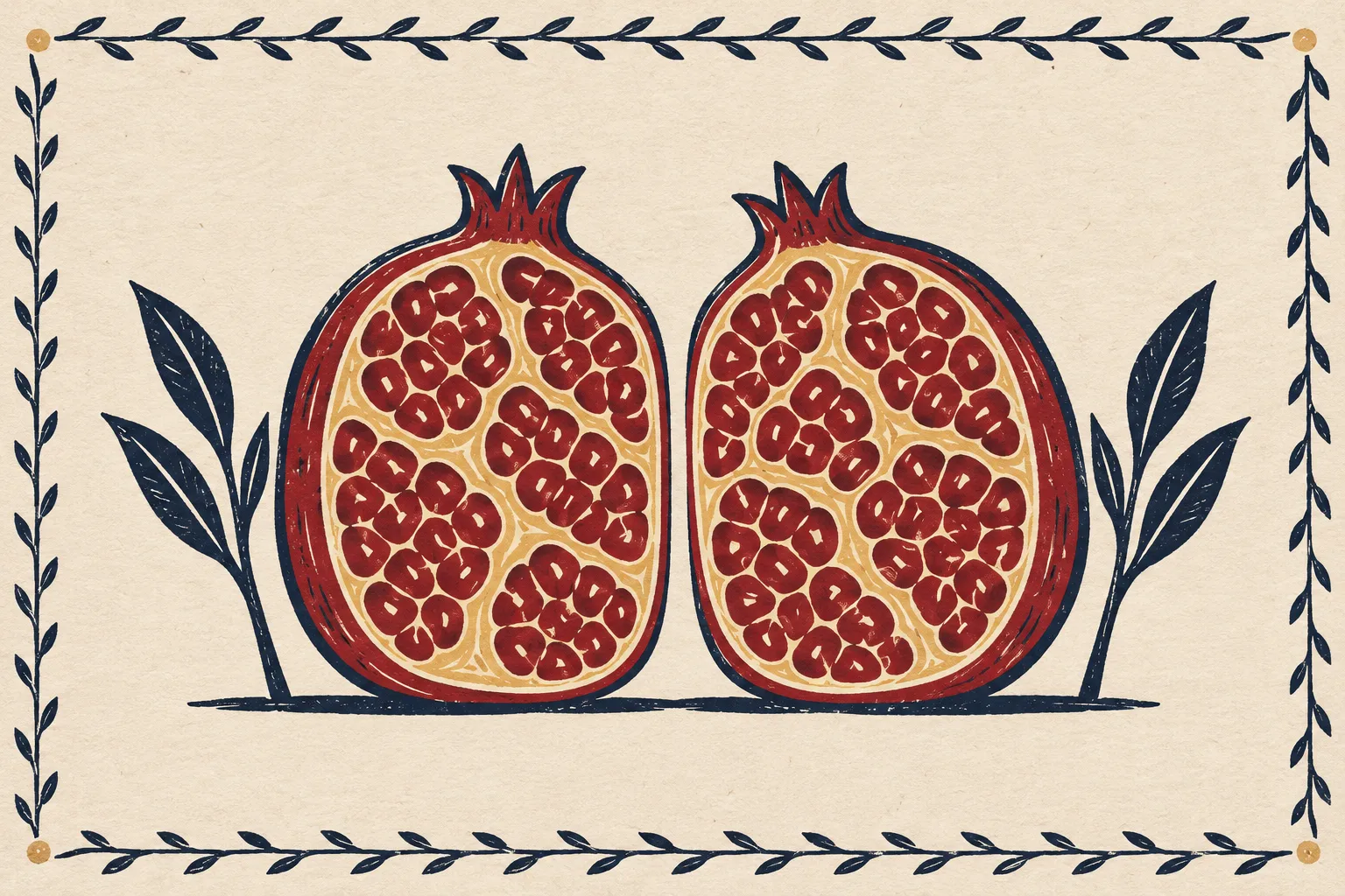 A split pomegranate showing its seeds, the fruit at the center of Persephone's story (stylized illustration)