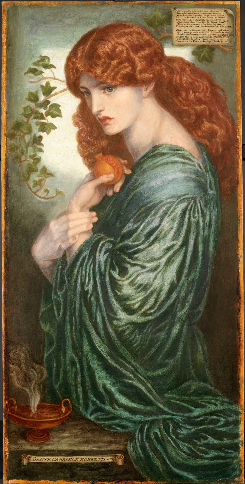 Rossetti's Proserpine: a woman in a green robe holds an opened pomegranate that shows its red seeds