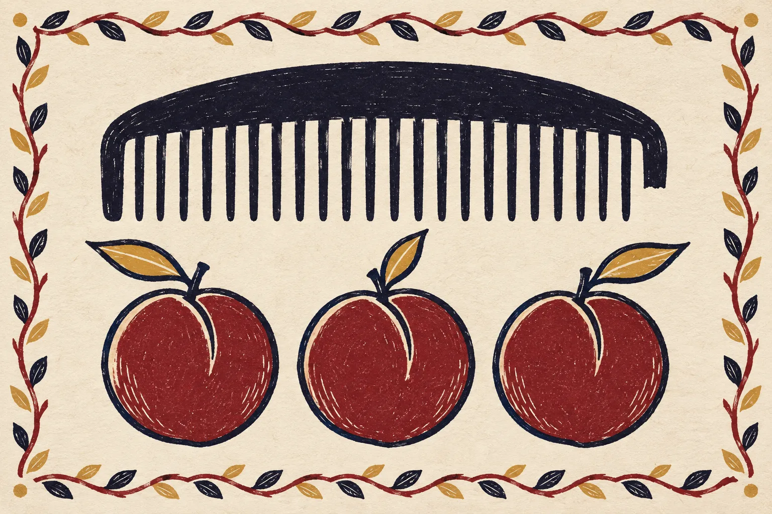 A comb with a broken end-tooth above three peaches, both from the Kojiki tale of Izanagi and Izanami (stylized illustration)