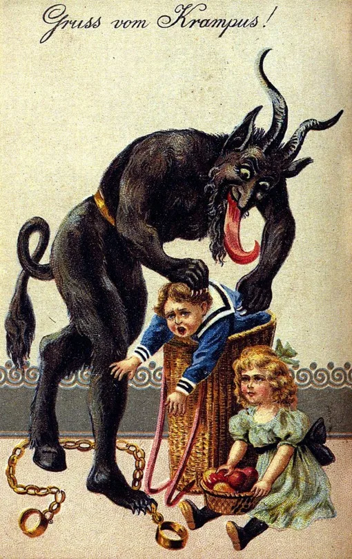 A Gruss vom Krampus greeting card of the 1900s: a black, horned Krampus pushes a boy in a sailor suit into a basket