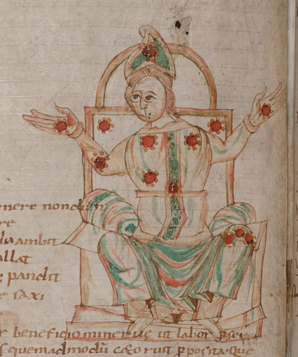 Cassiopeia seated on a throne, stars marked in red, in a Latin astronomy manuscript copied around 1000