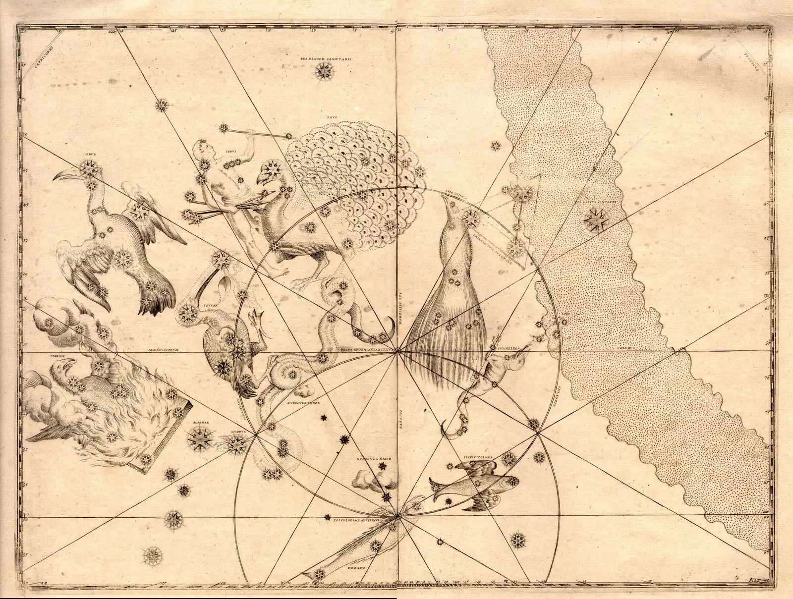 Bayer's plate of the far southern sky, first printed in 1603, with the twelve navigators' constellations around the pole